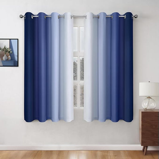 HOMEIDEAS Navy Blue Ombre Blackout Curtains, 52 X 63 Inch Length Gradient Color Room Darkening Curtains with Grommet Thermal Insulated Window Drapes for Living Room, Bedroom, 2 Panels