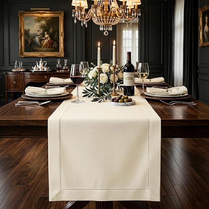 Signature Linen™ by D'Moksha Ivory Table Runner 132 Inches Long, 100% Pure Linen by DMokshaHomes