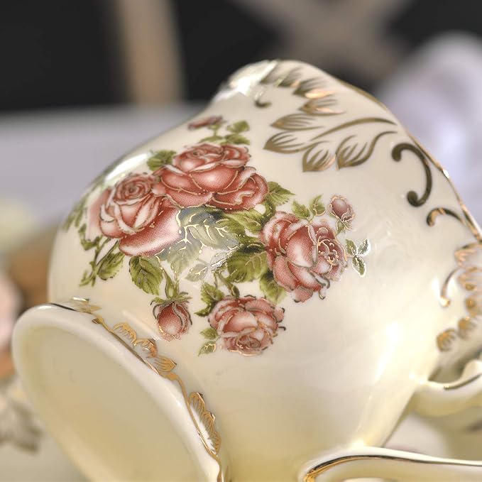 YOLIFE Tea Cups and Saucers Set of 2, 8 OZ Pink Rose Tea Cups Set | Ivory - Image 5