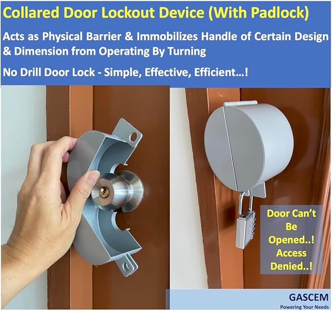 Door Knob Lockout Device (Matt Silver, 1 Padlock). Door Handle Lock - Prevents Doorknobs from Turning and Access to Keyhole. Childproof Door Knob Cover.