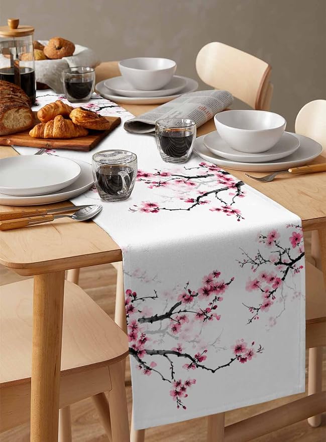 Pink Cherry Flowers Table Runners 70 Inches Long, Cotton Linen Fabric Table - Image 3