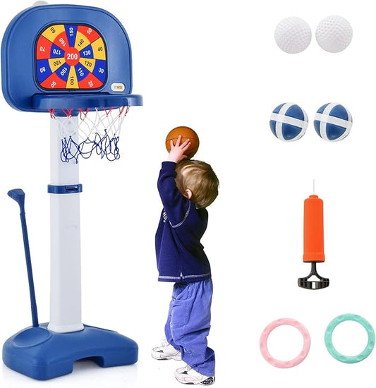 Costzon Kids Basketball Hoop, 4-in-1 Toddler Sports Activity Center with 5 Adjustable Height, Basketball Golf Toss Ring Dart Board Game Set, Indoor Outdoor Toddler Basketball Hoop, Gift for Boys Girls