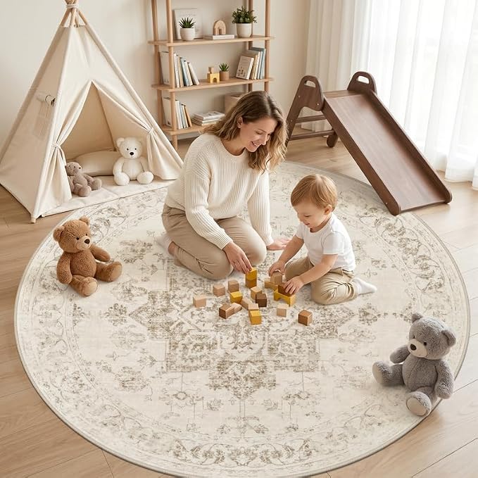 Round Area Rug for Living Room: 8ft Vintage Boho Neutral Washable Circle Rug - Image 3