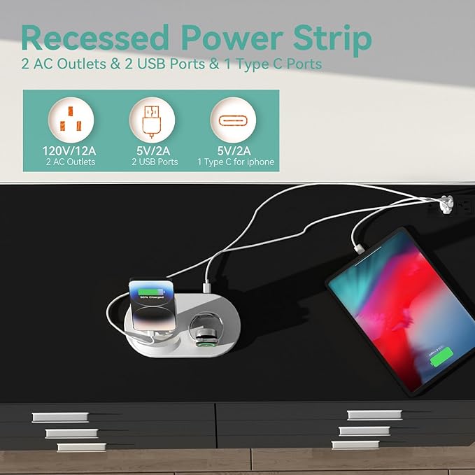 Dresser with Power Outlets Wooden 6 Drawer Dresser with USB and Type C Port Chest of Drawers for Bedroom Tall Black Organizer Storage for Living Room Hallway Closet