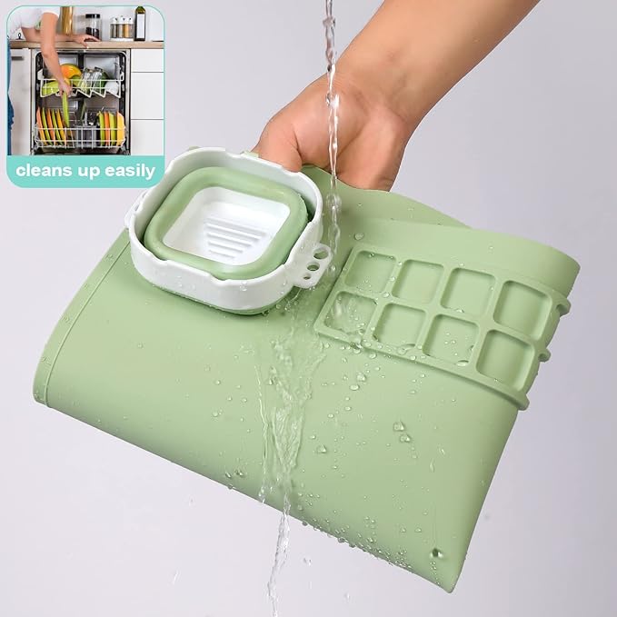 AWOKE Silicone Painting Mat for Table Protection - 20"X16" Washable Art Mat with 1 Water Cup for Kids - Craft Mat has 12 Color Dividers - 2 Paint Palettes (Green), Toddler Activities, Girl Boy Gifts