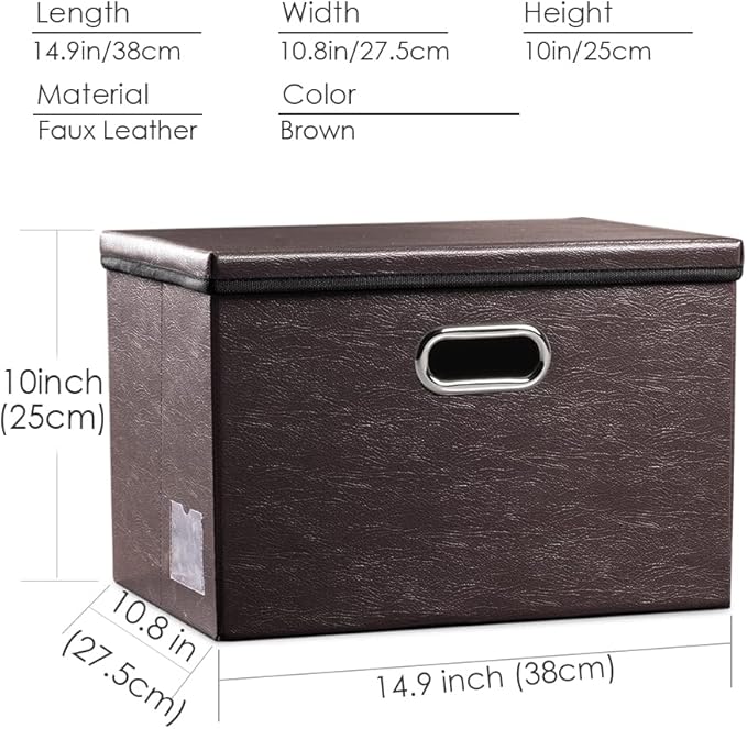 PRANDOM Collapsible Storage Bins with Lids [3-Pack] Leather Fabric Foldable Storage Boxes Organizer Containers Baskets Cube with Cover for Bedroom Closet Office Nursery Brown (14.9x10.8x10)