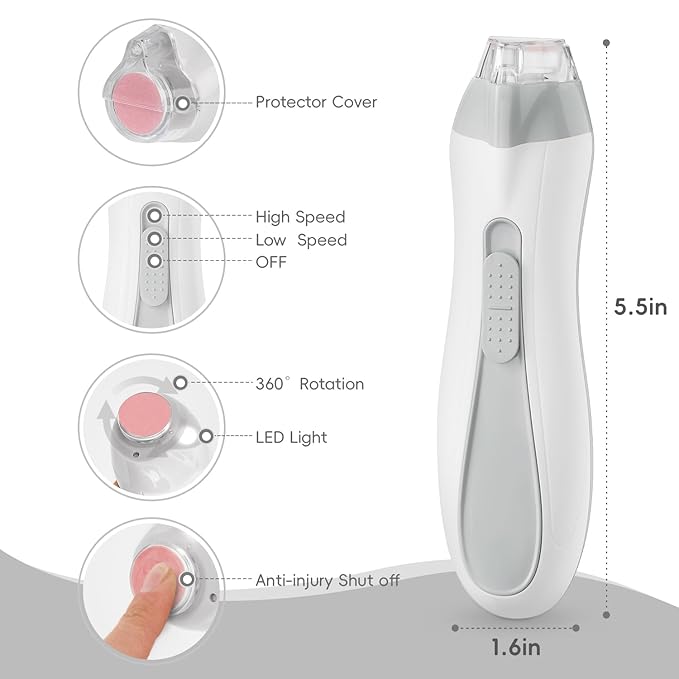 Baby Nail Trimmer Electric, 15 in 1 Baby Nail Clippers for Gentle Nail Care, Rechargeable Baby Nail File Electric with Light &15 Grinding Pads for Infant Toddler, Grey