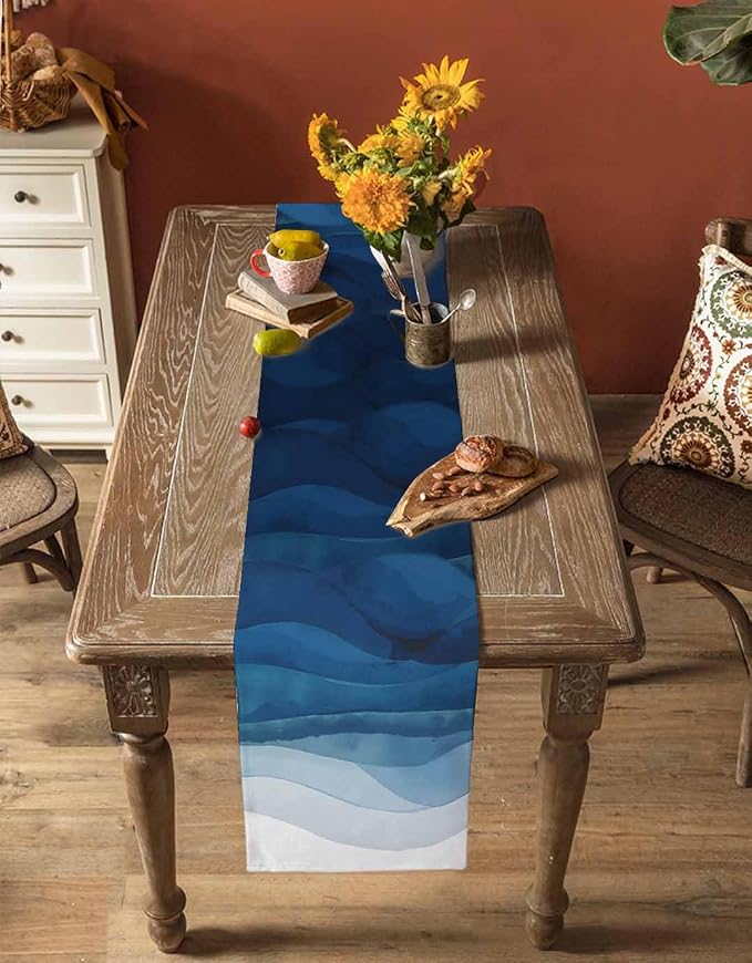 Navy Blue Ombre Table Runners 120 Inches Long, Abstract Modern Stripe Table - Image 4