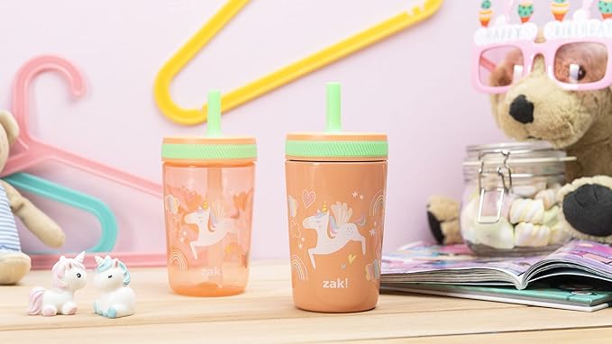 Zak Designs Unicorn Kelso Tumbler Set, Leak-Proof Screw-On Lid with Straw, Bundle for Kids Includes Plastic and Stainless Steel Cups with Bonus Sipper, 3pc Set, Non-BPA, 15 fl.oz.