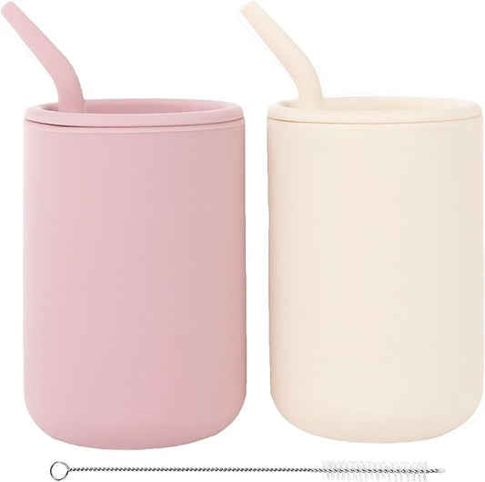 WeeSprout Silicone Baby Cups With Straws and Lids, 4 & 8 oz Options, Set of 2, Food Grade Toddler Training Container, Built In Straw Stoppers, Measurement Markings, Dishwasher Safe + Straw Cleaner