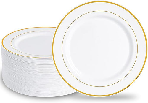 100PCS White & Gold Plastic Plates Disposable, 10.25" Heavy Duty Plates | by N9RTABLEWARE