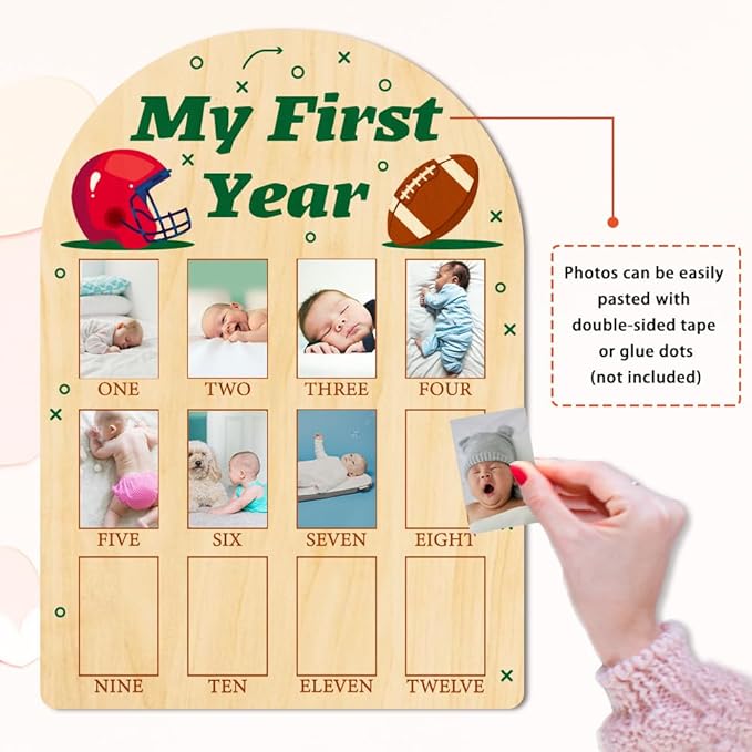 ORIGACH My First Year Baby Growth Photo Display Wood Board - 12 Months Newborn Milestones Photo Board - Neutral Baby Keepsake Frame 1st Birthday Party Nursery Decor New Mom Gift - Football