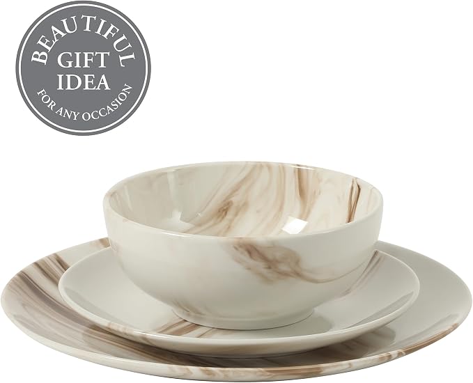 Gibson Home Cloudlight 12 Piece Plates and Bowls Dishes Brown and White - Image 4