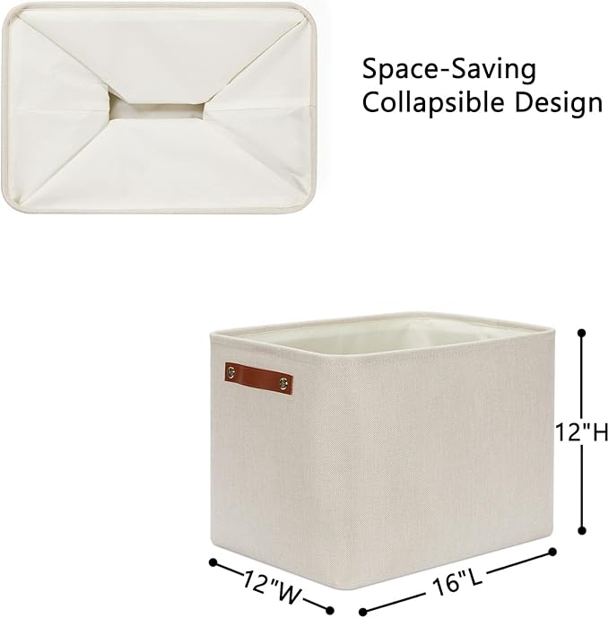 DULLEMELO 2-Pack Large Storage Baskets for Organizing 16"x12"x12" Canvas Fabric Storage Basket Bins With Leather Handles for Shelf Clothes Empty Gift Basket (Beige)