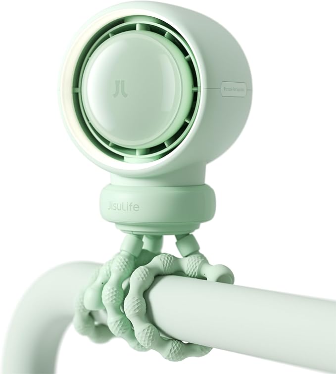 JISULIFE Stroller Fan Baby Large, Safe Bladeless for Crib, Desk, 4000mAh Battery Rechargeable Portable Cooling Fan with Air Turbo Tech, Night Light, Food-Grade Gift for Mom/Dad/Friend - Green