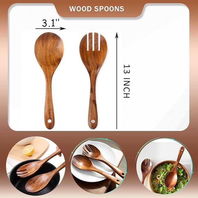 Teak Wood Salad Serving Spoon and Spork 13-Inch, Large Wooden Salad Server Set - Image 6