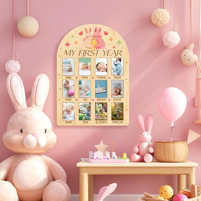 ORIGACH My First Year Baby Growth Photo Display Wood Board - 12 Months Newborn Milestones Photo Board - Neutral Baby Keepsake Frame 1st Birthday Party Nursery Decor New Mom Gift - Rabbit