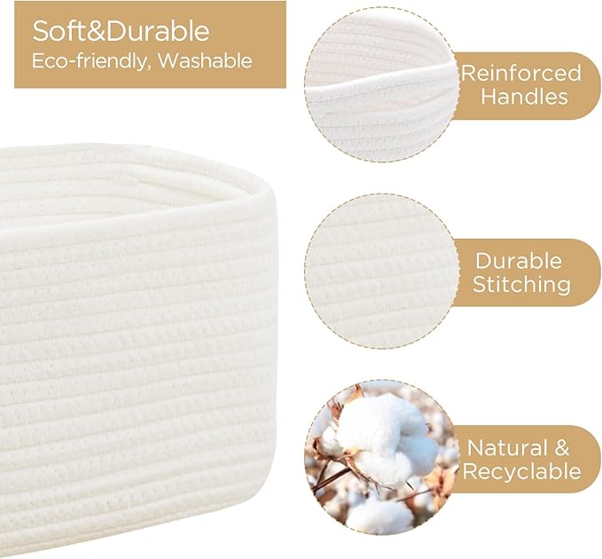 Small Cotton Rope Storage Basket Set of 3-11"x7"x7" Perfect Woven Baskets for Storage, Ideal Storage Baskets for Organizing Toys, Towels, and More - Baskets for Shelves and Home Decor（White）