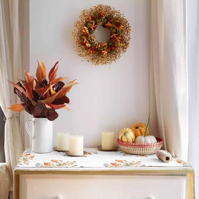 Fall Windflowers Pumpkin Table Runners 60 Inches Long, Cotton Linen Fabric - Image 2
