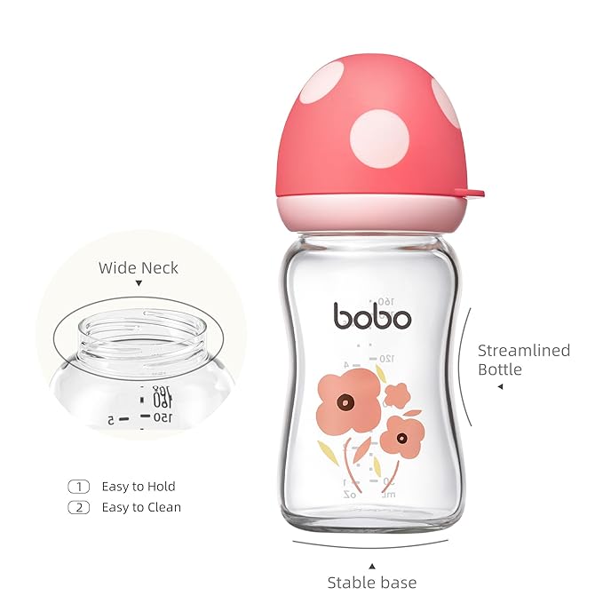 YOHKOH Natural Glass Baby Bottle with Natural Response Nipple, Newborn Anti-Colic Baby Bottles, Wide Neck Mushroom Cap Baby Bottle, Clear ((5.4oz (Pack of 4), Multicolour)