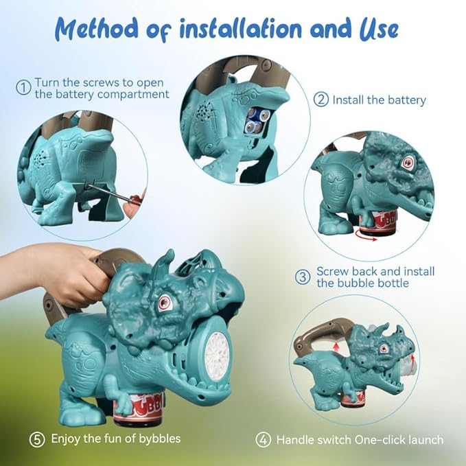 Dinosaur Bubble Machine with Colorful Lighting for Kids Automatic Handheld Dinosaur Bubble Toy 20000+ Big Bubbles Per Minute Bubbles Toy for Outdoor Parties Yard Fun Kids Gift Triceratops Blue