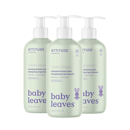 ATTITUDE 2-in-1 Shampoo and Body Wash for Baby, EWG Verified, Dermatologically Tested, Made with Naturally Derived Ingredients, Vegan, Sweet Apple, 16 Fl Oz (Pack of 3)