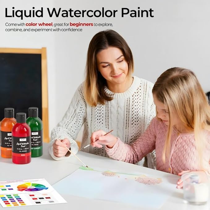 Nicpro 6 Colors Liquid Watercolor Paint Set, 8.45oz Large Bottle Liquid Watercolor Paint, Non-Toxic Water Colors Painting Supplies for Art Activity, Craft DIY, Poster, School, Home, Classroom, Party