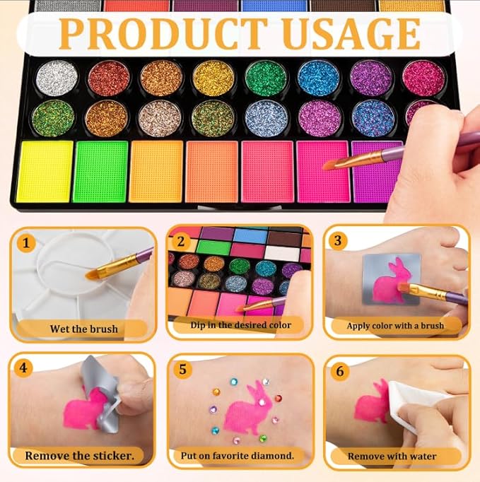 42 Color Face Painting Kit for Kids-Non Toxic Water Activated Face Paint Palette with 16 Crayons,6 Reusable & 63 Sticky Stencils,Brushes,Gems.Ideal Choice for Carnival,Halloween,Parties,Makeup etc.