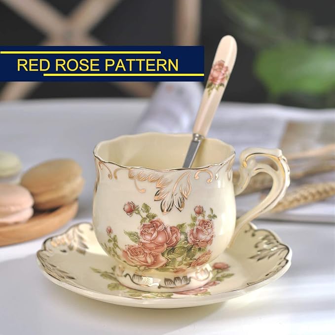 YOLIFE Tea Cups and Saucers Set of 6, 8 OZ Pink Rose Coffee Cups | Ivory - Image 2