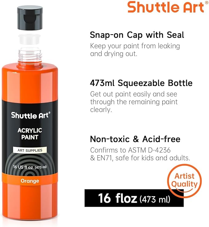 Shuttle Art Acrylic Paint, 12 Colors Acrylic Paint Large Bottle Set, 473ml/16oz Each, Rich Pigments, High Viscosity, Bulk for Artists, Beginners and Kids on Rocks Crafts Canvas Wood