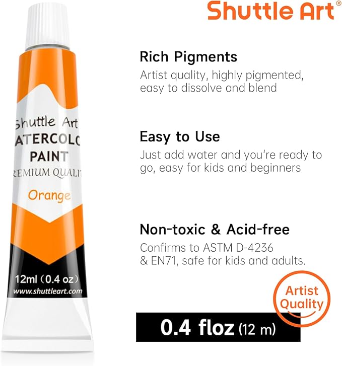 Shuttle Art Watercolor Paint Set, 15 Colors Watercolor Paint in Tubes (12ml Each) with 3 Brushes, Rich Pigments, Easy to Blend, Perfect for Kids, Artists, Beginners, Students