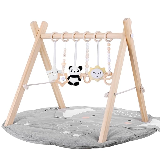 Wooden Baby Play Gym with Mat,Foldable Activity Gym for Newborns 0-12 Months,6 Hanging Sensory Toys for Infant Development,Montessori Toys for Baby Boys & Girls Shower Gift (Elephant)