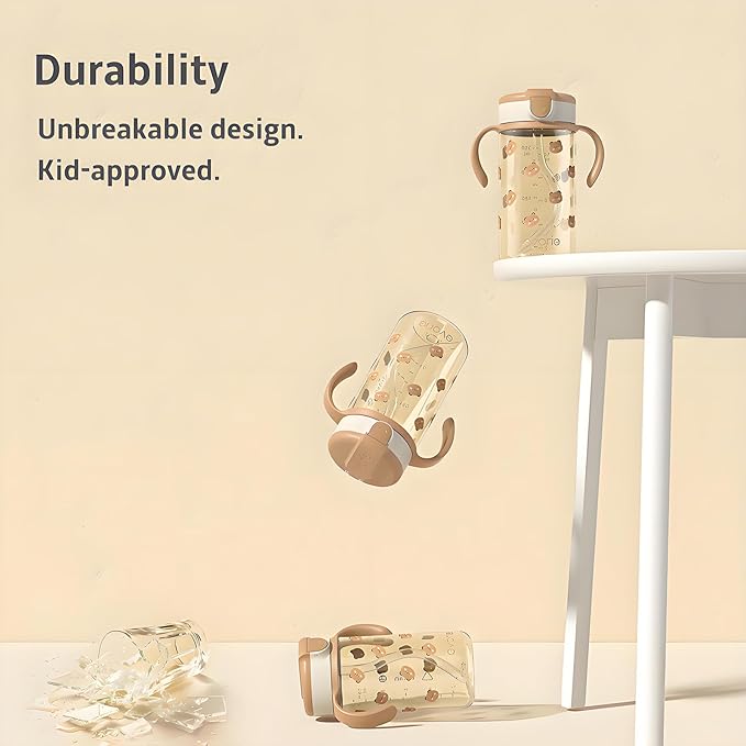 Evorie Tritan Spill Proof Toddler Straw Sippy Cup, 10 oz for Baby and Toddlers 1-3 Years Old, No Spill Straw Water Bottle with Removable Handles, Ideal for School, BPA-Free, Blue Rabbit