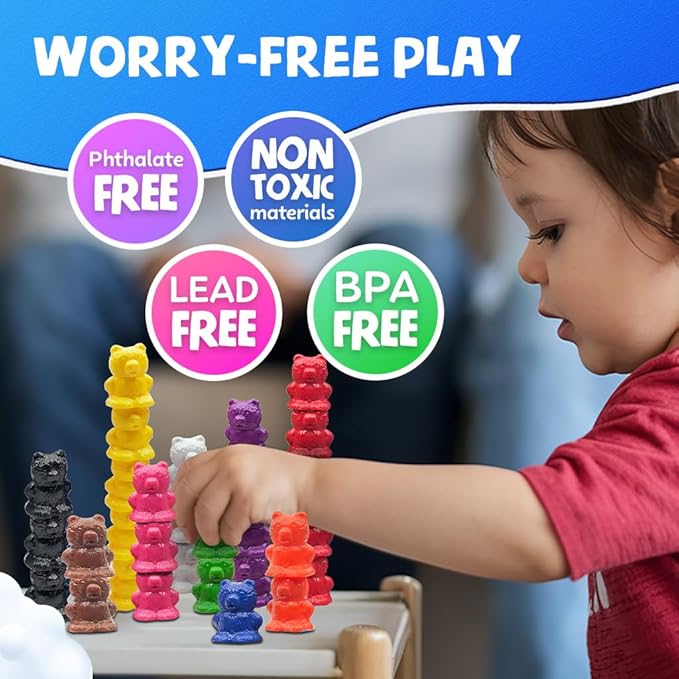Skoolzy Rainbow Stackable Counting Bears - Stacking & Sorting Bears for Toddlers 50 pcs - Teddy Bear Math Manipulatives for 3-8 Kids & Adults