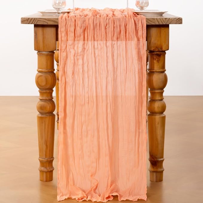 DeZerlor Peach Cheesecloth Table Runners 4 Pack Summer Boho Runners | 120Inches - Image 4