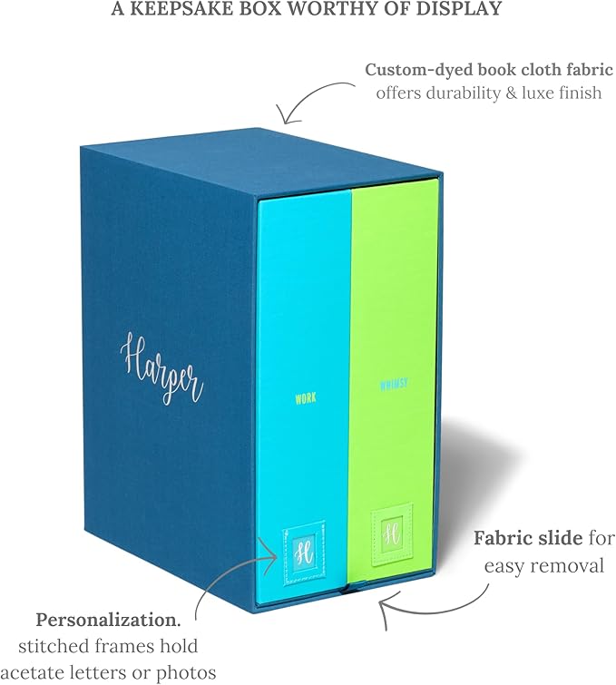 Savor | Deluxe School Years Keepsake Box | Fabric Bound Acid-Free Childhood Memory Organizer with Labels for Birthday, Graduation, Mitzvah, Mother’s Day, and Baby Shower (Ocean, Harper)