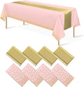 8Pack Disposable Plastic Tablecloths and Satin Table Runner Set Pink and Gold by MASHAN
