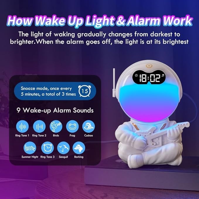 Astronaut Kids Sunrise Alarm Clock, 7 Dimmable Light Wake Clock for Teens, White Noise Bluetooth Speaker with 9 Soothing Sounds, Best Modern Alarm Clock for Heavy Sleepers, Adults, Boys in Bedroom