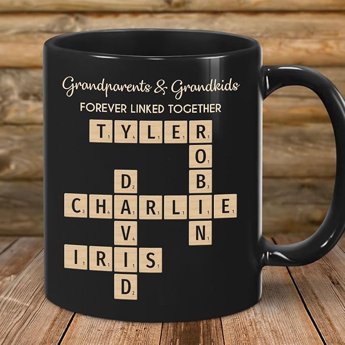 Family Forever Linked Together Custom Names Ceramic Mug, Crossword Puzzle Art, for Birthday, Anniversary or Special Occasions (Grandparents & Grandkids Forever Linked Together Black Mug)