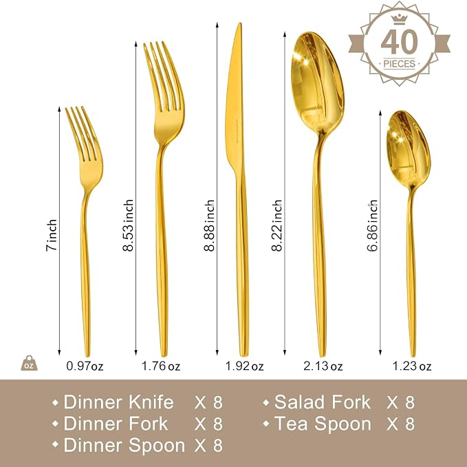 18/10 Silverware Set for 8, 40 Piece Gold Stainless Steel Flatware Cutlery | - Image 2