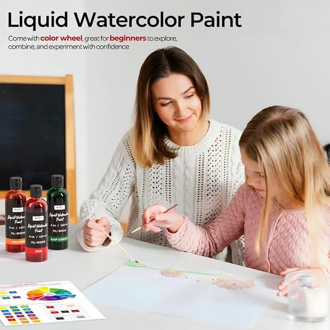 Nicpro 6 Colors Liquid Watercolor Paint Set, 4oz Liquid Watercolor Paint, Vibrant Colors & Non-Toxic Water Colors Painting Supplies for Art Activity, Craft DIY, Poster, School, Home, Classroom, Party