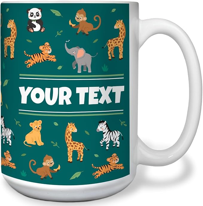 Personalized Mug for Kids - Zoo Animals - Custom Name/Text, Ceramic Hot Chocolate/Cocoa/Coffee Cup for Boys/Girls, Birthday/Christmas/Holiday Gift - 15 oz, White Handle