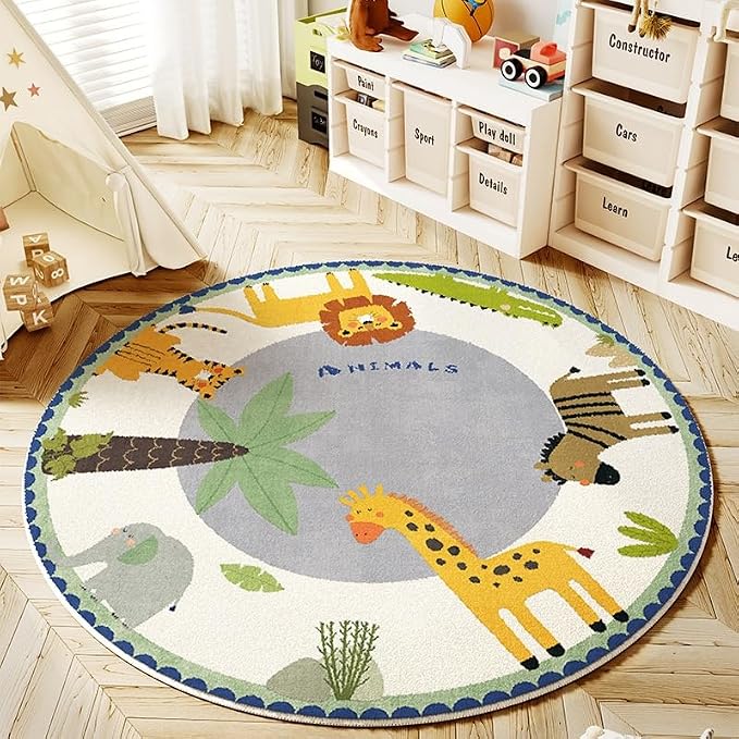 Poowe Cute Animals Kids Room Rug, 47.2" Round Washable Area Rugs Nursery Carpet by Poowe