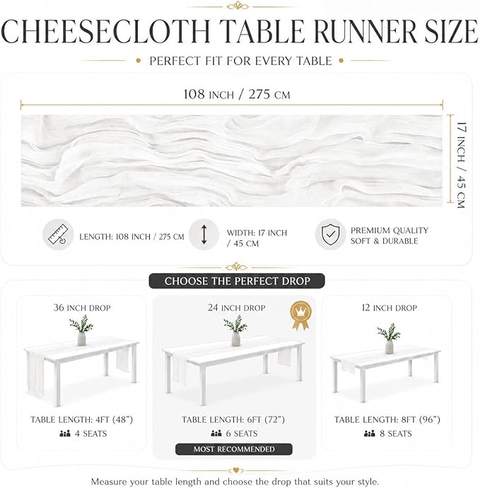 2 Pack White Cheesecloth Table Runner 17x108 Inch Boho Rustic Semi Sheer Gauze - Image 4