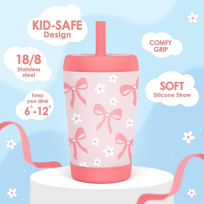 Kid Insulated Stainless Steel Tumbler with Silicone Straw, 12oz Sippy Cup for Kids (Pink Bows)