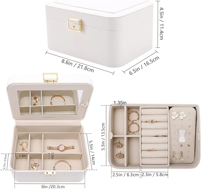 KAMIER Travel Jewelry Box, 2 Layers PU Leather Portable Jewelry Organizer, Large Capacity, Double Lock and Large Mirror, Hidden Necklace Hooks, Removable Dividers, Gift Box Packaging, White