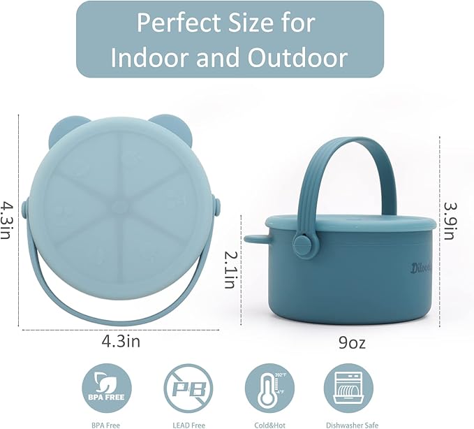 Silicone Snack Cups for Toddlers, Kids Snack Containers No Spill, Baby Treat Holders with Handle Dust Proof Lid, 2 Pack Dishwasher Safe and BPA Free 9 oz