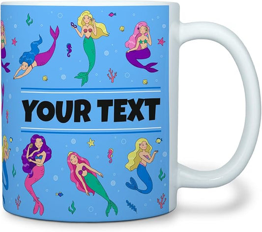 Personalized Mug for Kids - Mermaids - Custom Name/Text, Ceramic Hot Chocolate/Cocoa/Coffee Cup for Girls, Birthday/Christmas/Holiday Gift - 11 oz, White Handle