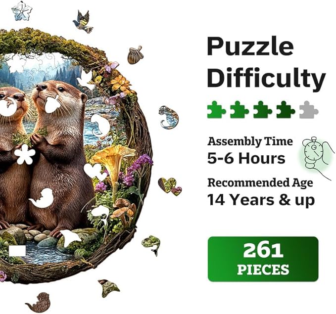 Jigfoxy Wooden Puzzles for Adults, Otter Couple Wood Puzzles Adult, Unique Animal Shape Wooden Jigsaw Puzzles for Adults, Birthday Gifts for Puzzle Lovers Family Friend (L-12.9 * 13.4in-261pcs)