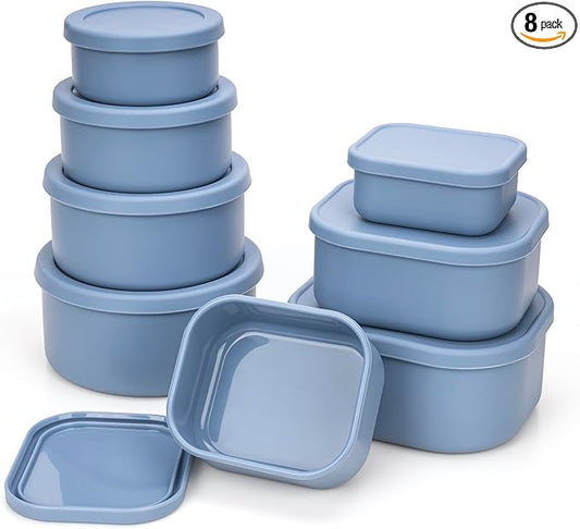 100% Silicone Food Storage Containers with Lids, 8 Pack, 10oz to 51oz, Reusable Leakproof Nesting & Stackable Silicone Bento Lunch Box, Microwave Freezer Dishwasher Oven Safe, BPA Free, Slate Blue